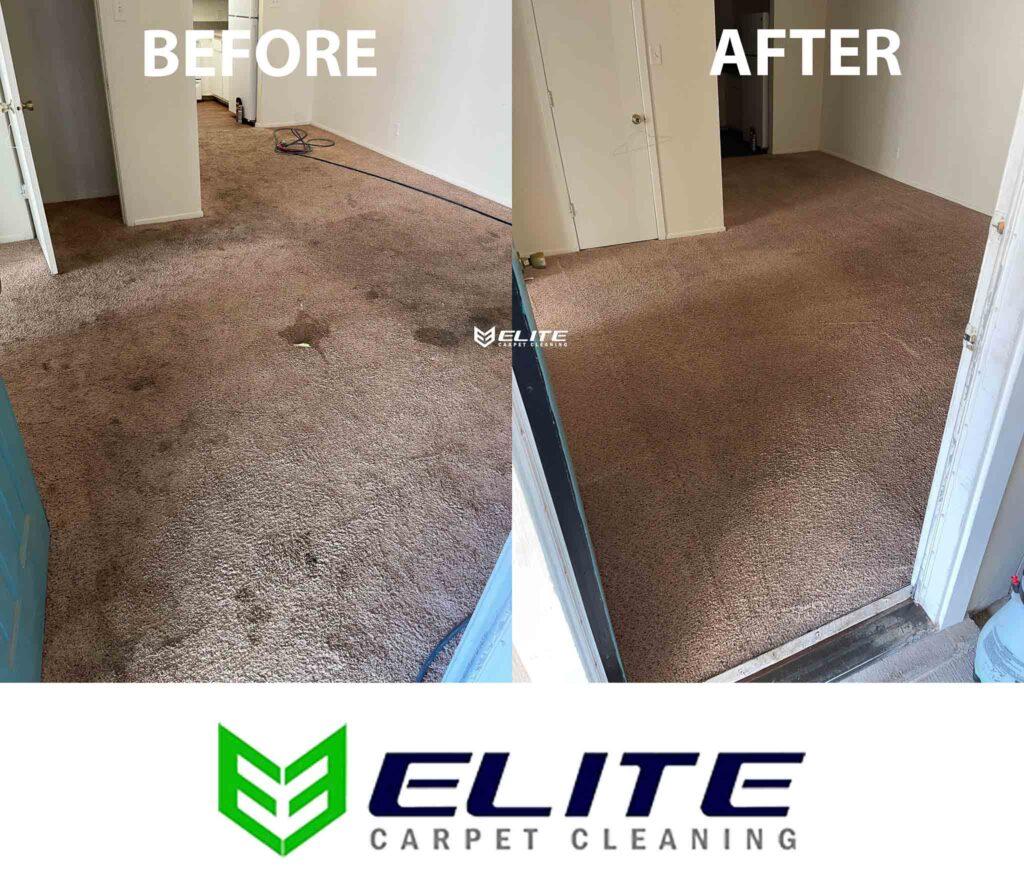 Before-and-after comparison showing multiple dark spots visibly reduced on brown carpet during an Elite job in Odessa, Texas